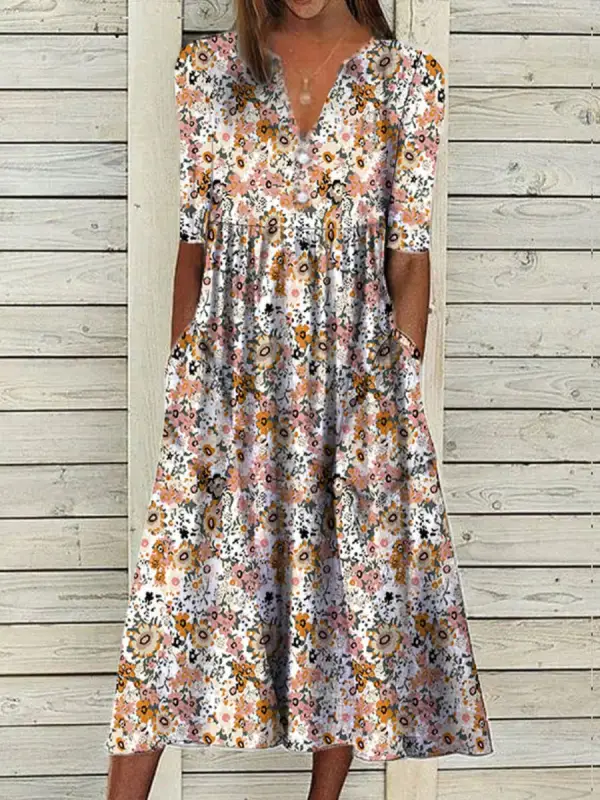 V-neck Casual Loose Floral Print Summer Short Sleeve Midi Dress ...