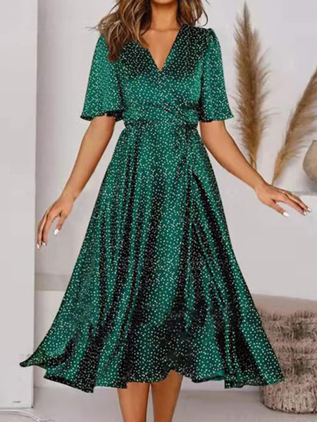 Spring Summer V Neck Stylish Elegant Formal Midi Dress