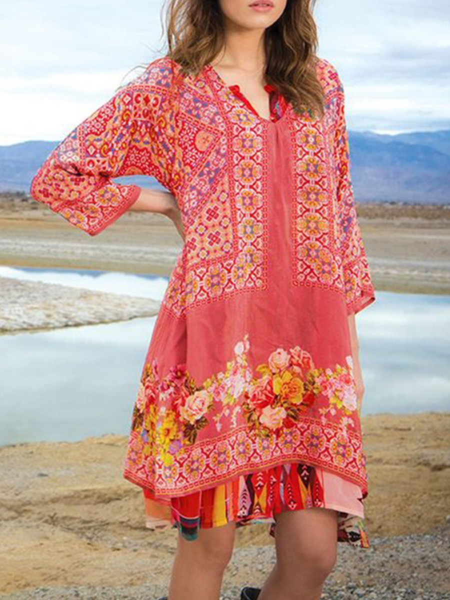 Summer Boho Patchwork Printed Three quarter Sleeve V Neck Dress