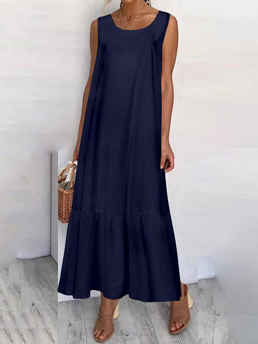 Casual Sleeveless Loose Solid Color Crew Neck Maxi Dress