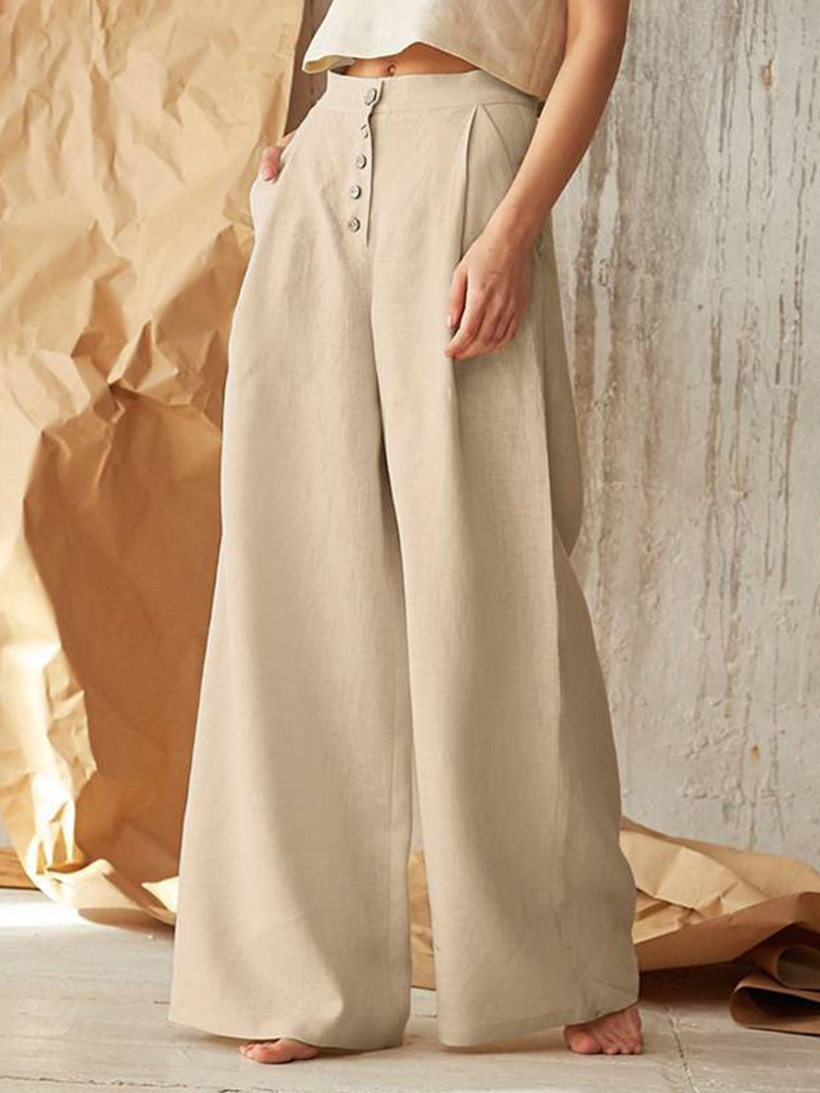 Solid Color High Waist Button Cotton Linen Casual Pants