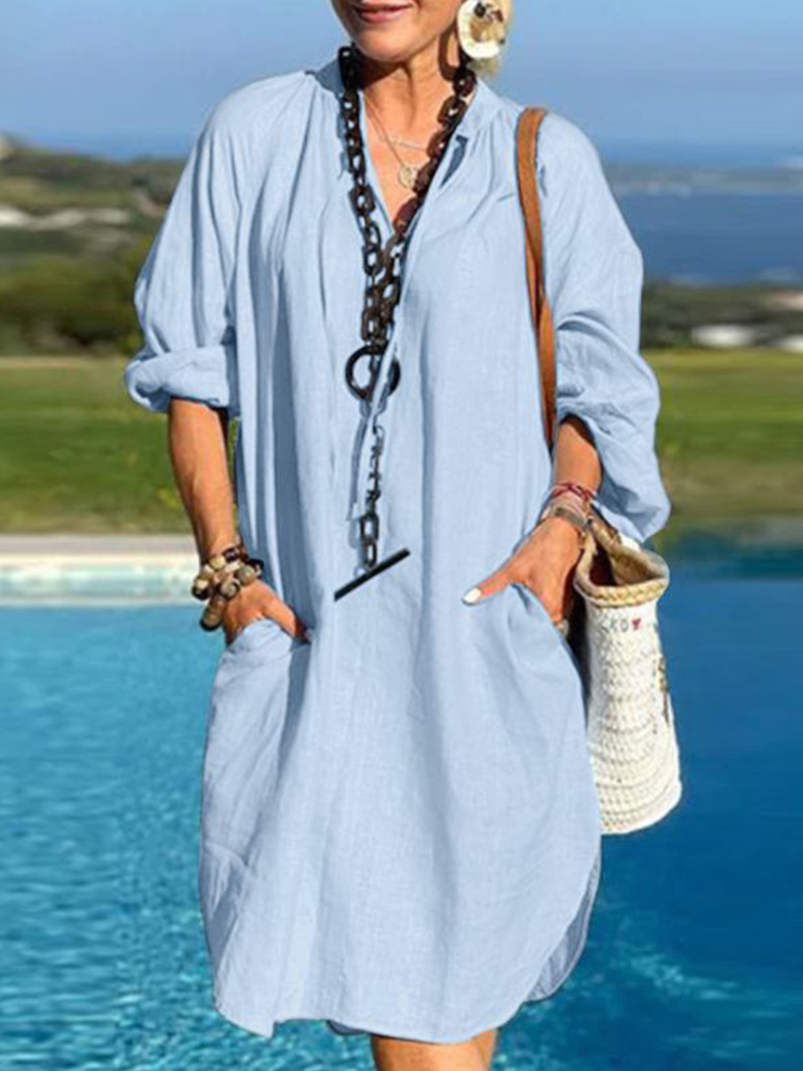 Spring Linen Solid Long Sleeve V Neck Dress
