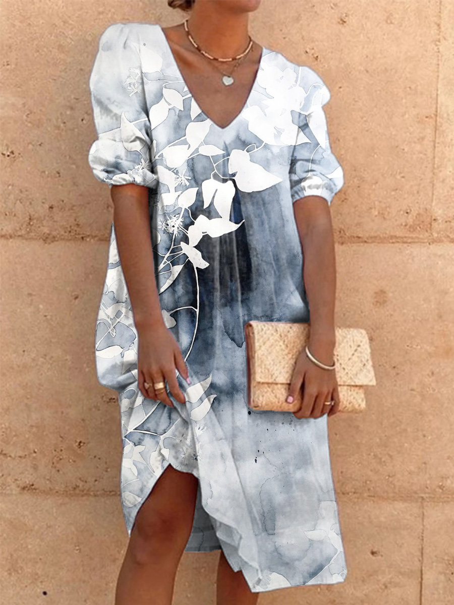 Crew Neck Floral Short Sleeve Midi Dress