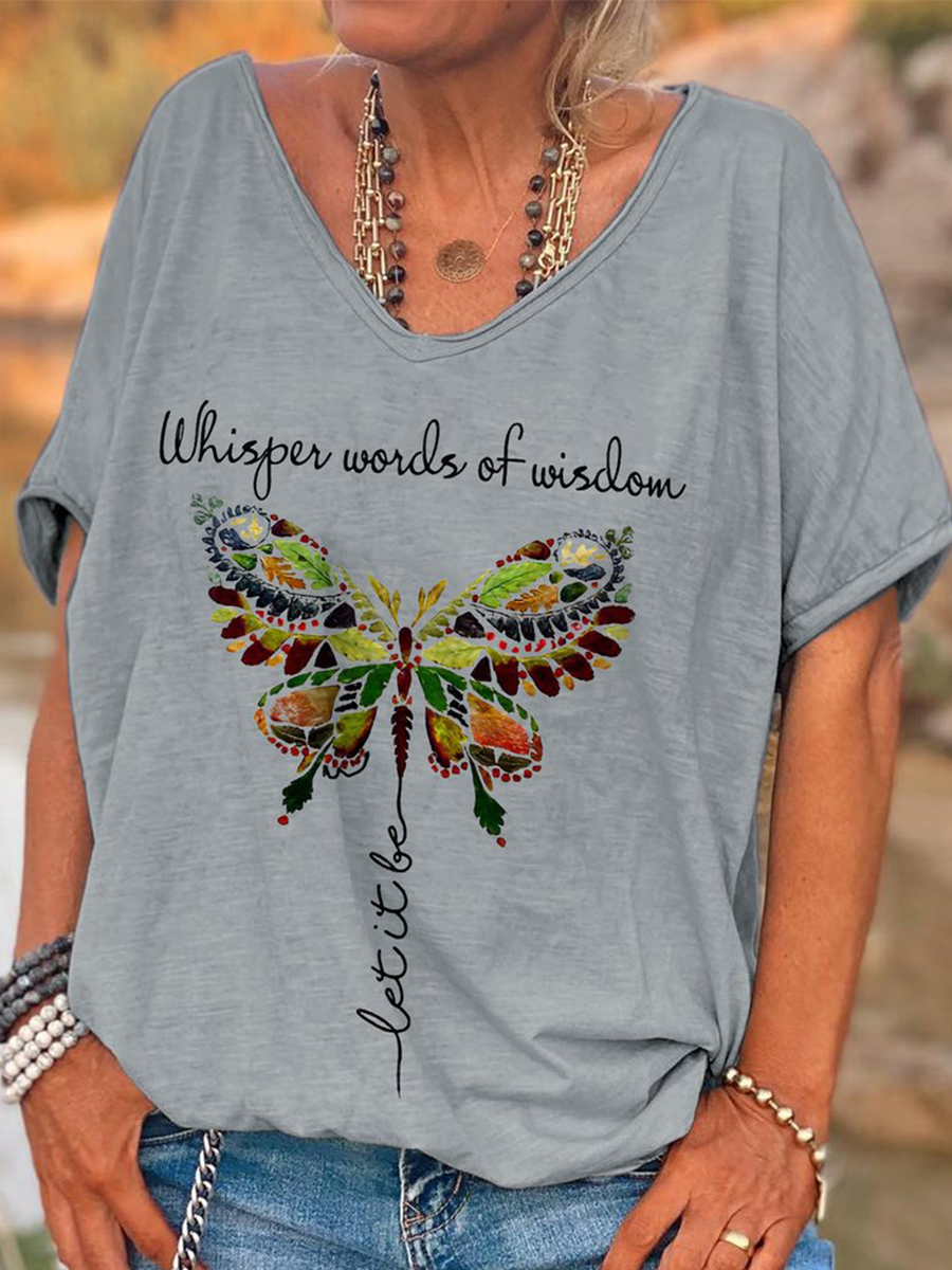 Casual Short Sleeve V Neck Plus Size Text Letters Tops T shirts