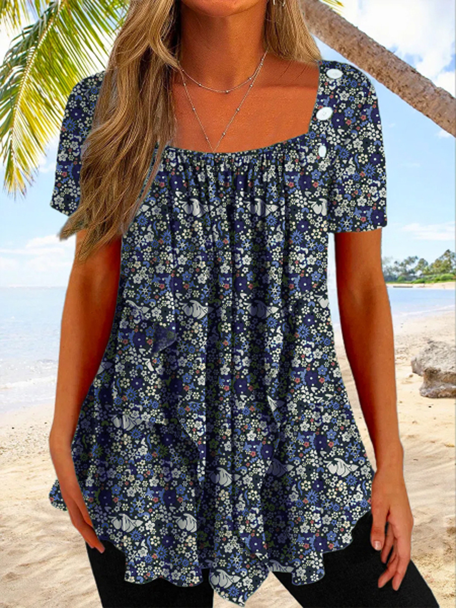 Vintage Floral Print Crew Neck Short Sleeve T Shirt