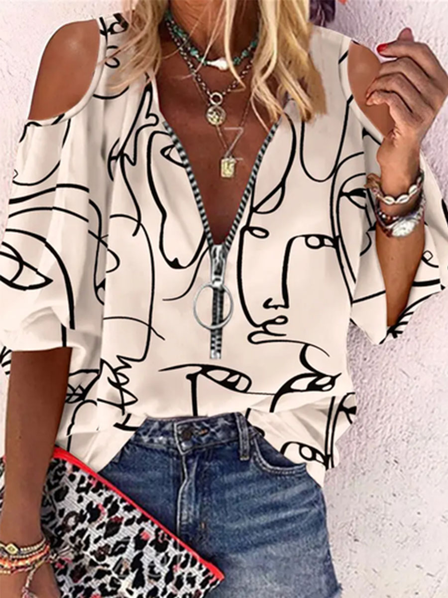 Casual V Neck Regular Fit Three Quarter Sleeve Loose Blouse