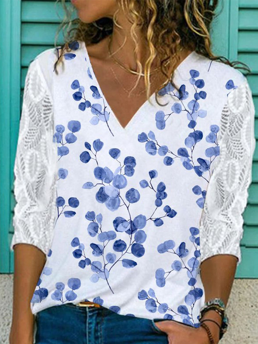 Long Sleeve V Neck Lace Sleeve Casual Tops