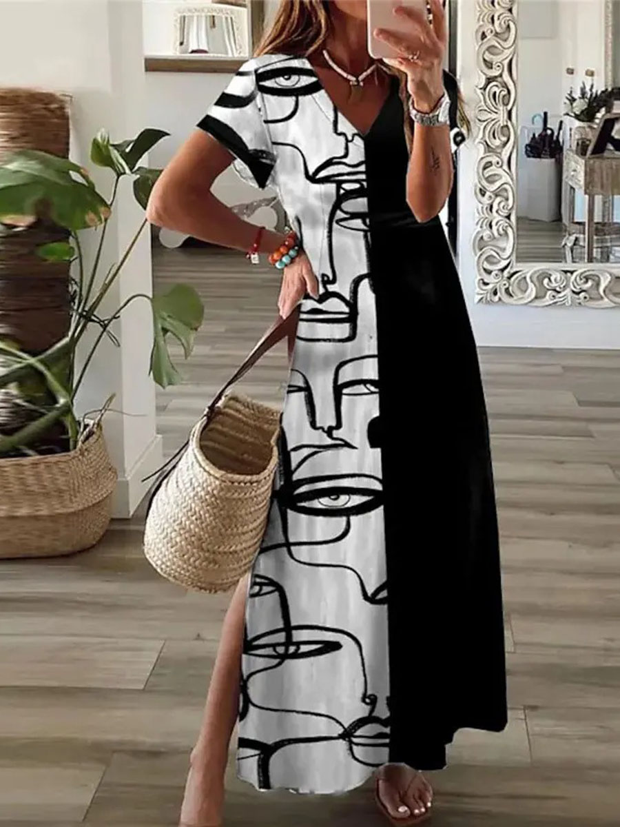 Abstract Figure Print Colorblock Split Hem Maxi Dress
