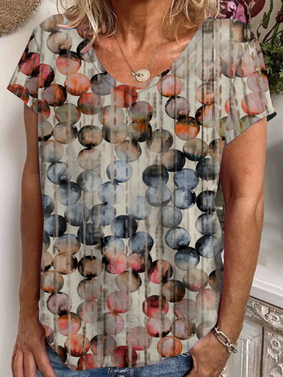 Casual V Neck Short Sleeve Loosen Polka Dot Print T Shirt