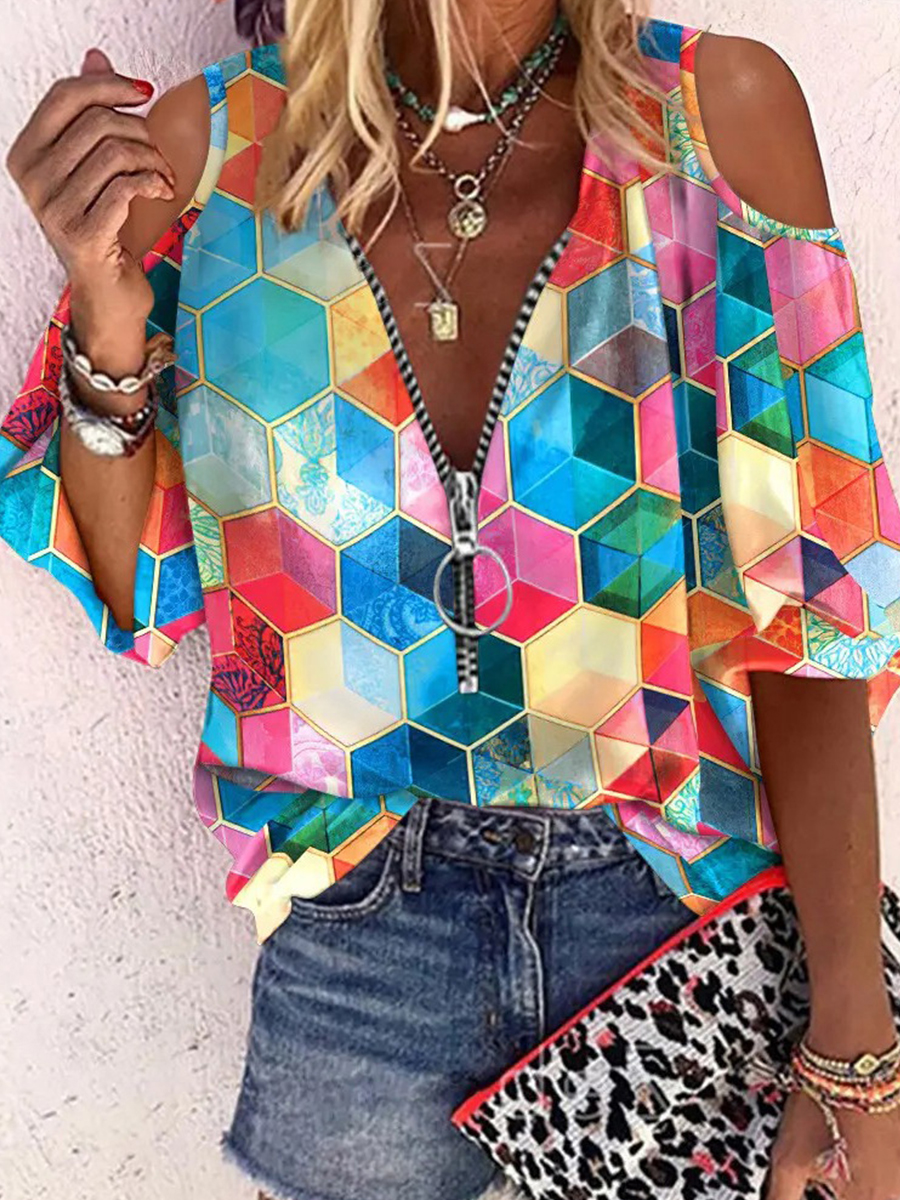 Summer Print V Neck Zipper Off Shoulder Loose Blouse
