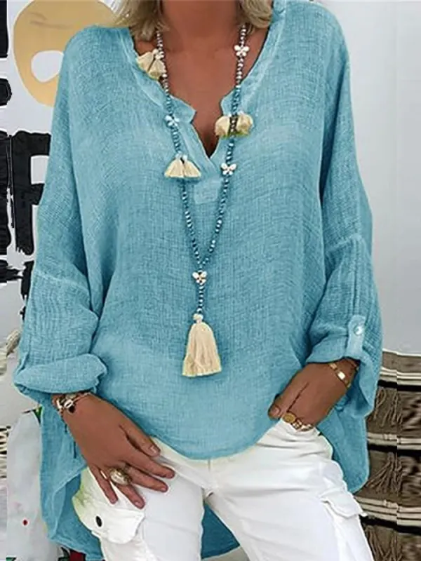 Loose Casual Solid Color V-Neck Long Sleeve Blouse - Oasisjoy.com 