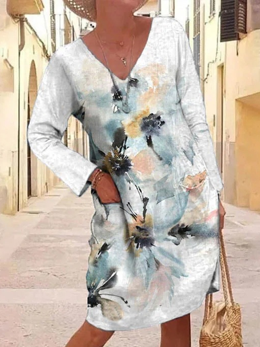 Casual Floral Print Loose Pocket V Neck Long Sleeve Short Dress