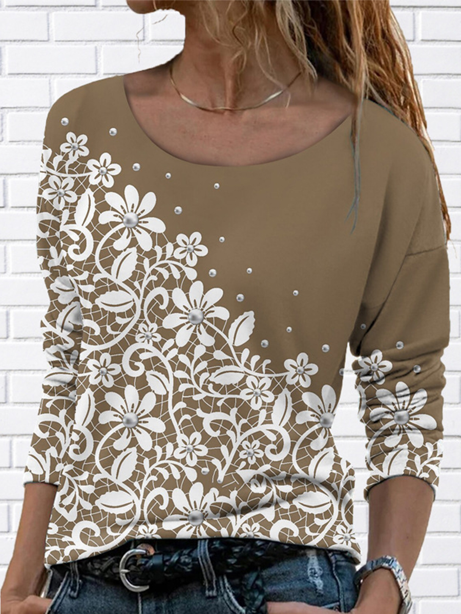 Crew Neck Casual Floral Long Sleeve T Shirt