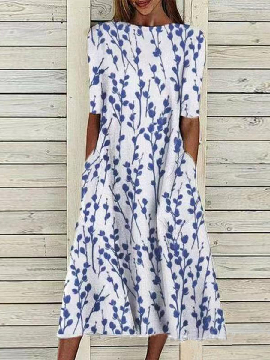 Round Neck Casual Loose Print Holiday Short Sleeve Midi Dress