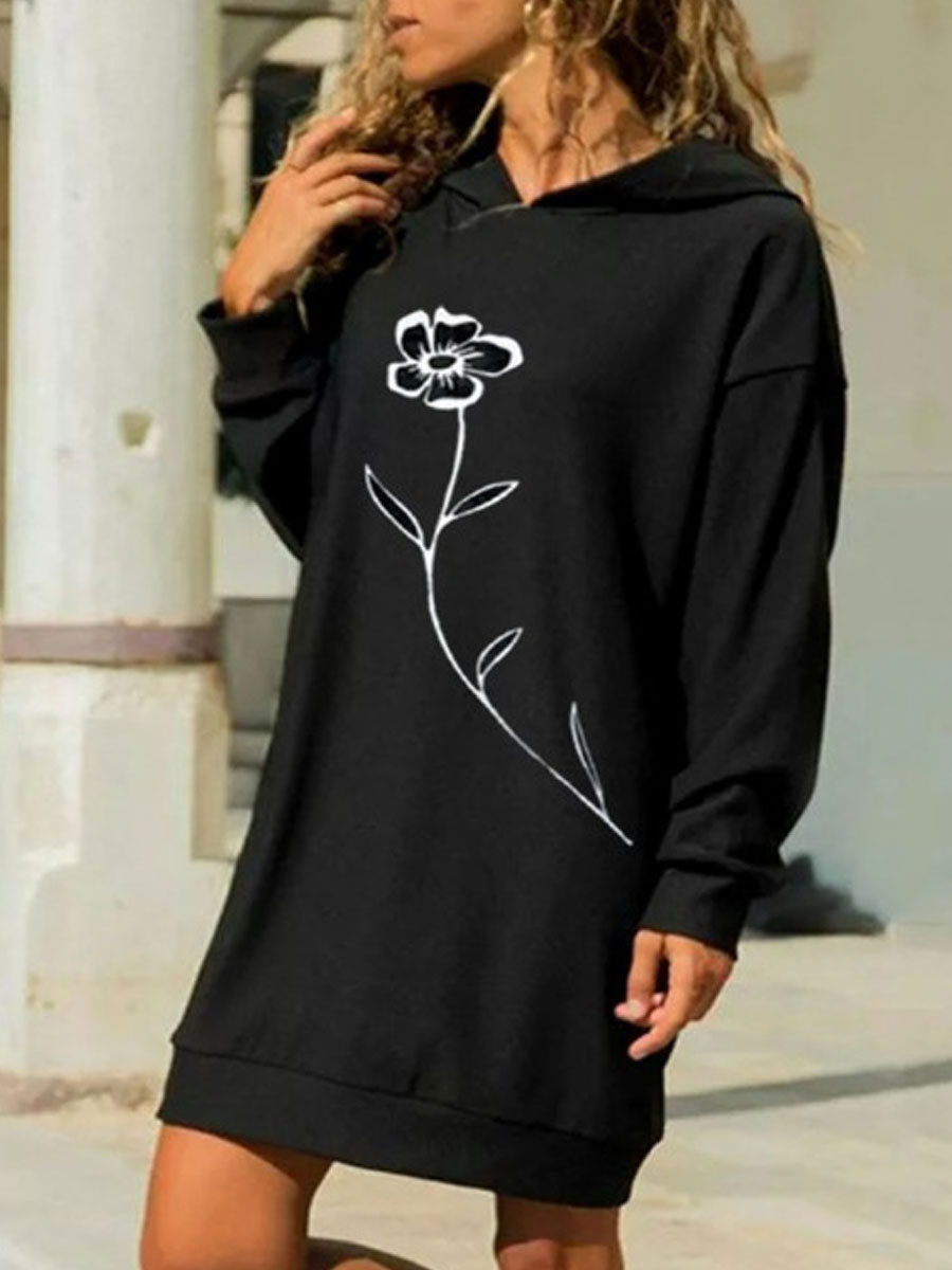 Casual Loose Floral Print Hoodie Short Dress