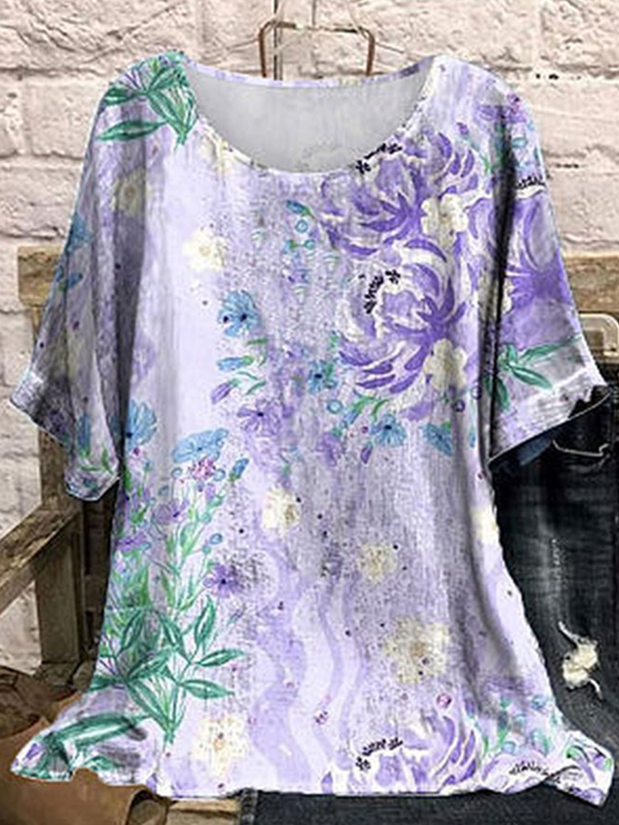 Loose Crew Neck Floral Print Casual Short Sleeve Blouse