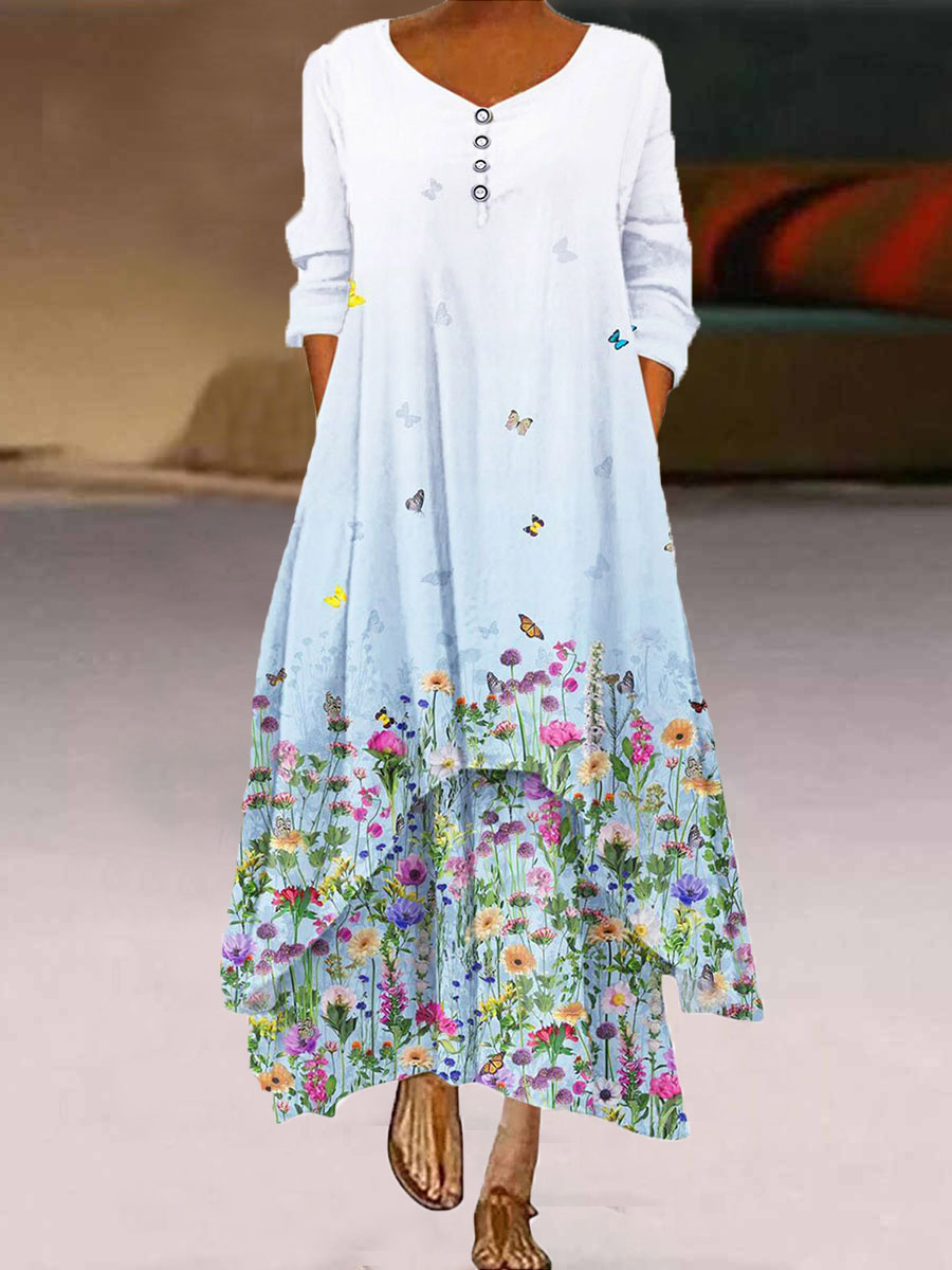 V neck Casual Loose Floral Print Long Sleeve Maxi Dress