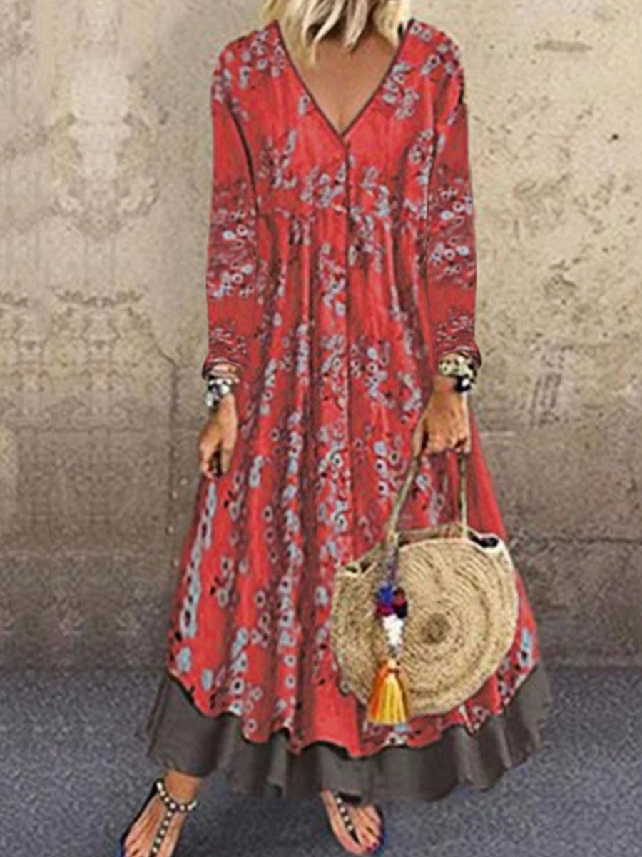 Vintage Print V neck Three quarter Sleeve Dress