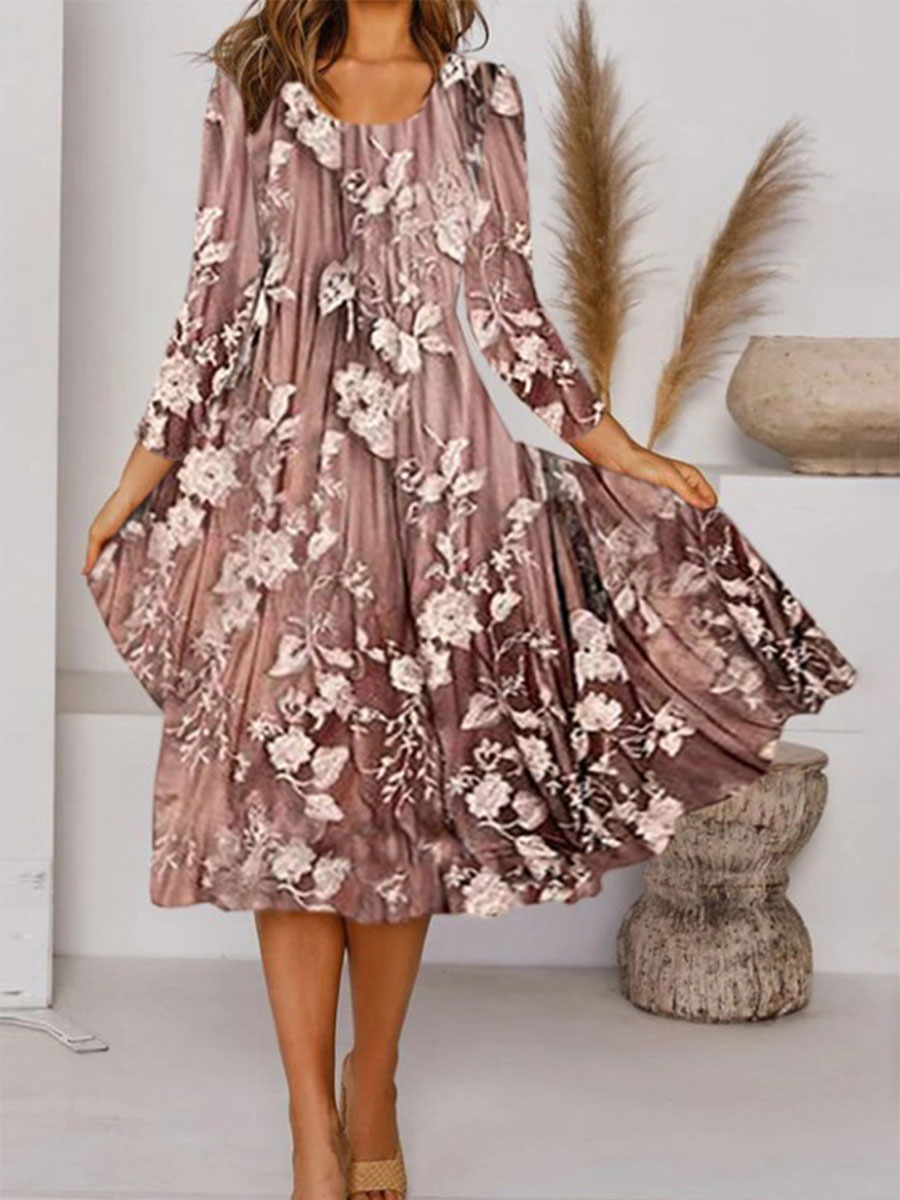 Crew Neck Casual Loose Floral Print Long Sleeve Midi Dress