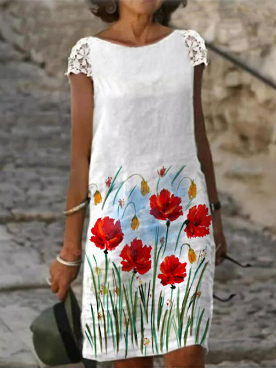 Casual Floral Print Crew Neck Panel Lace Short Sleeve Short Dress