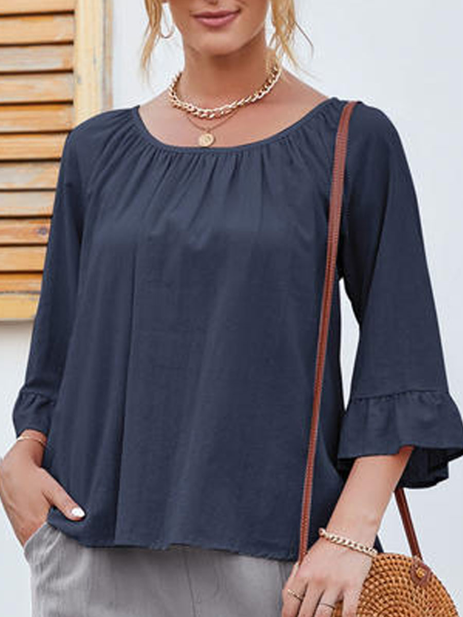 Round Neck Casual Loose Paneled Mid Sleeve Blouse