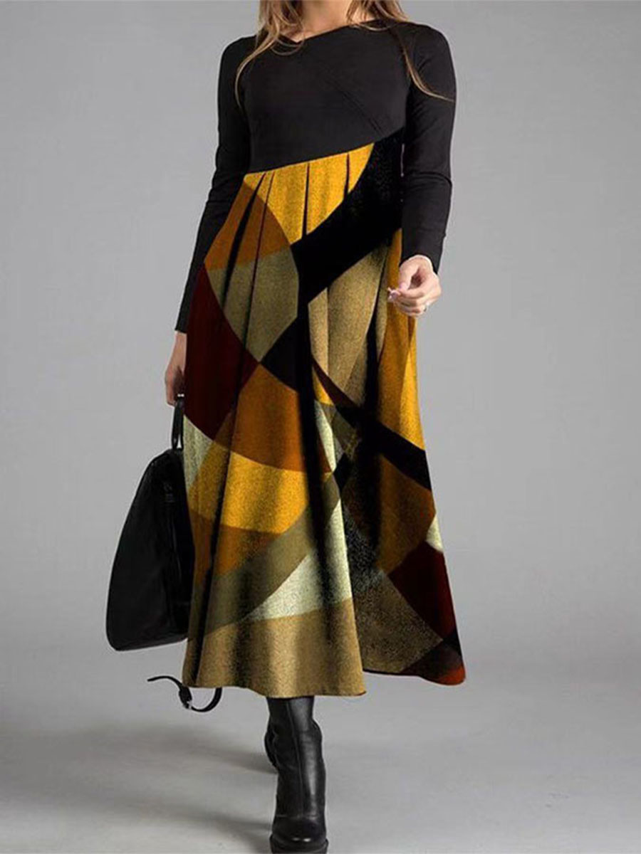 Casual Color Block V Neckline Maxi X line Dress