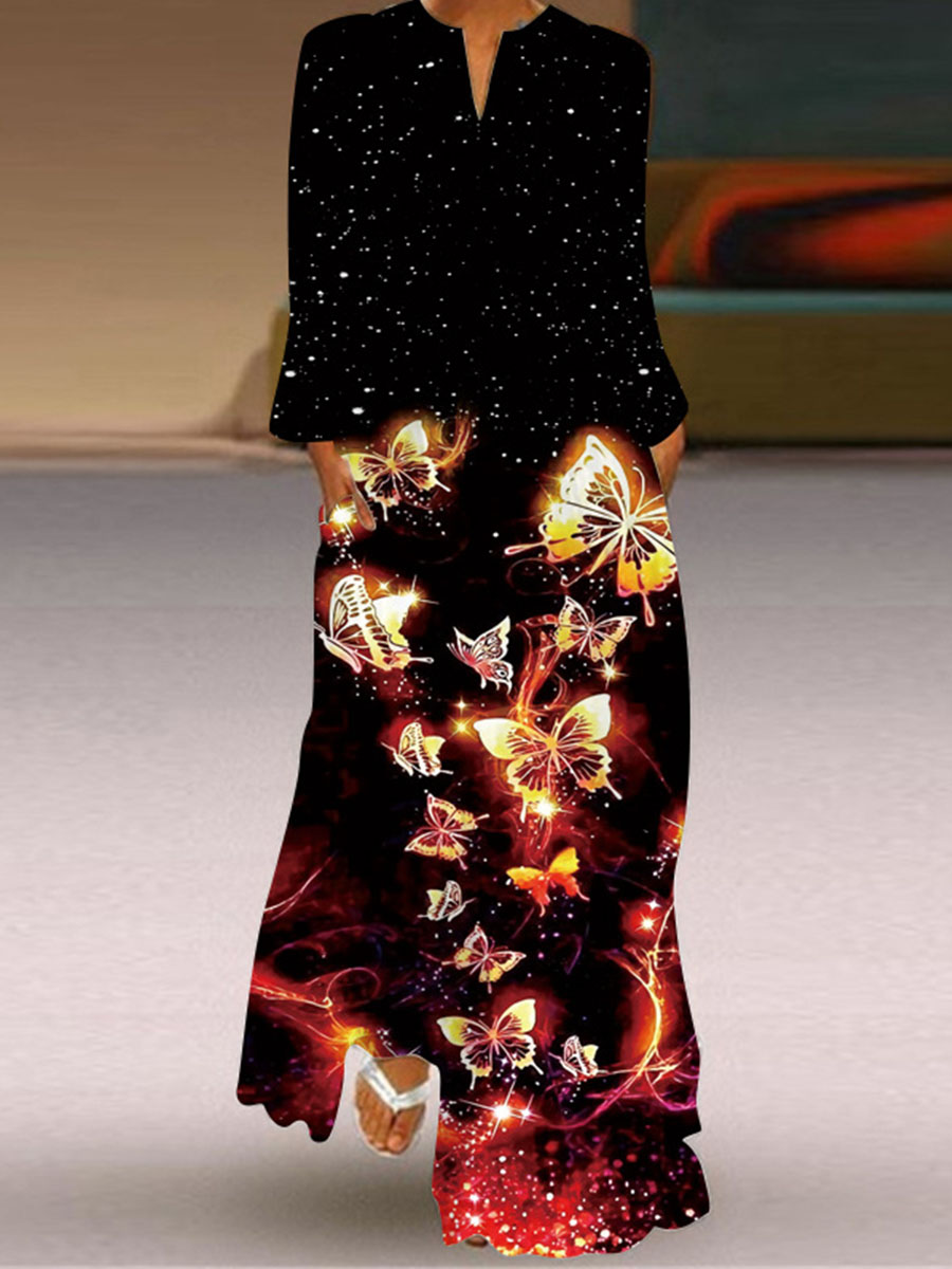V Neck Floral Print Long Sleeve Ladies Dress