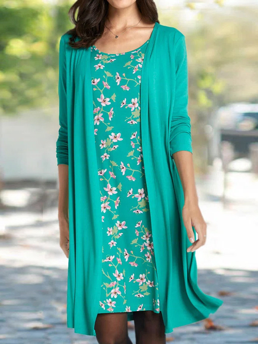 Casual Print Fake Two Piece Long Sleeve Short Dress