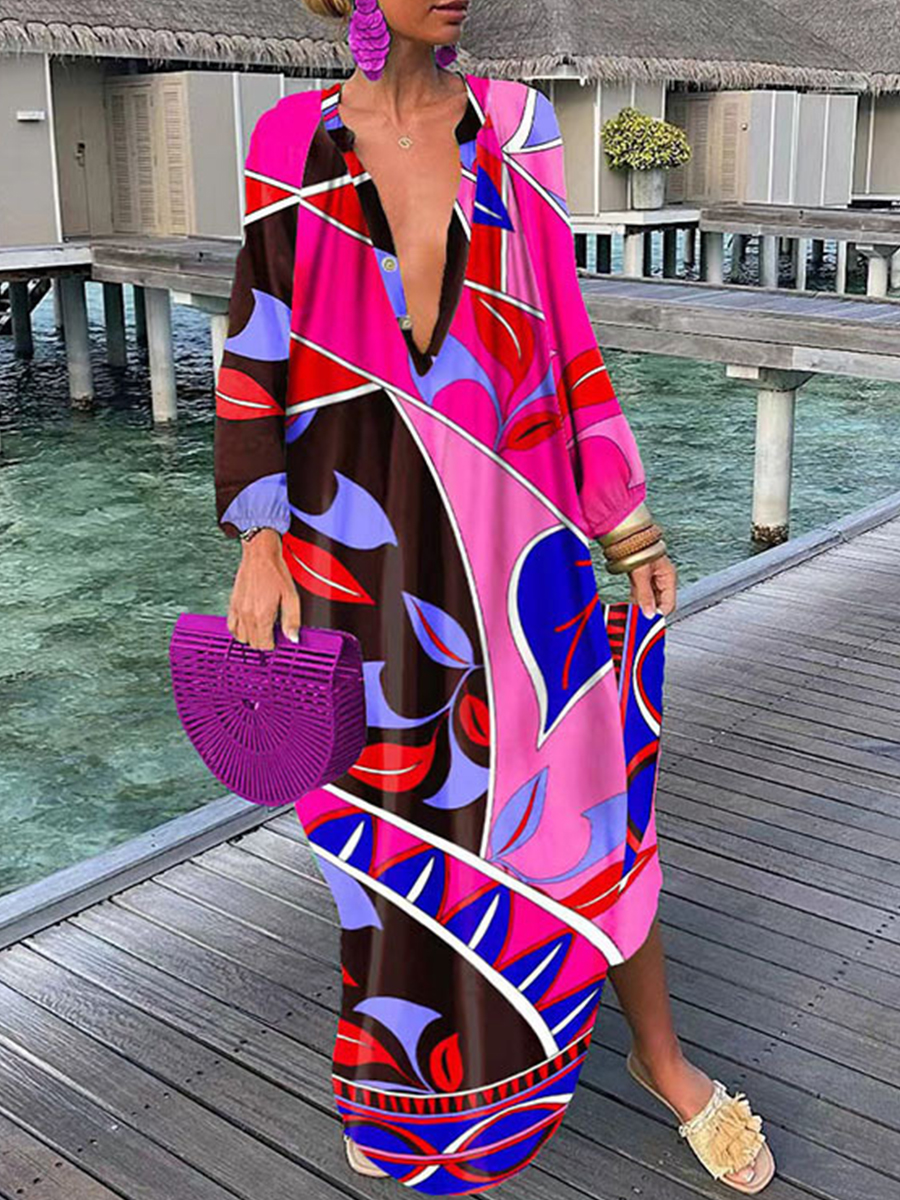 Fall Print Long Sleeve Shirt Dress
