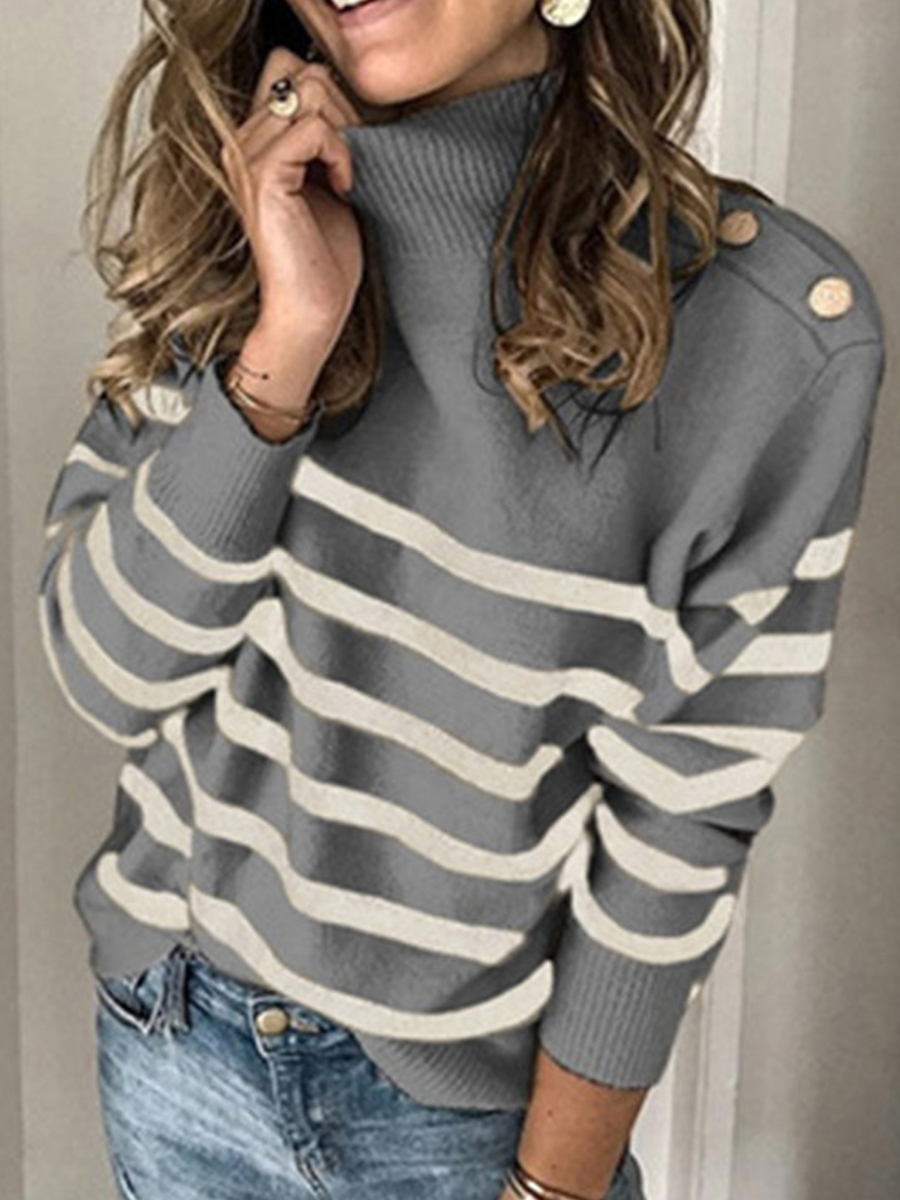 Fall/Winter Turtleneck Button down Striped Knitted Sweater