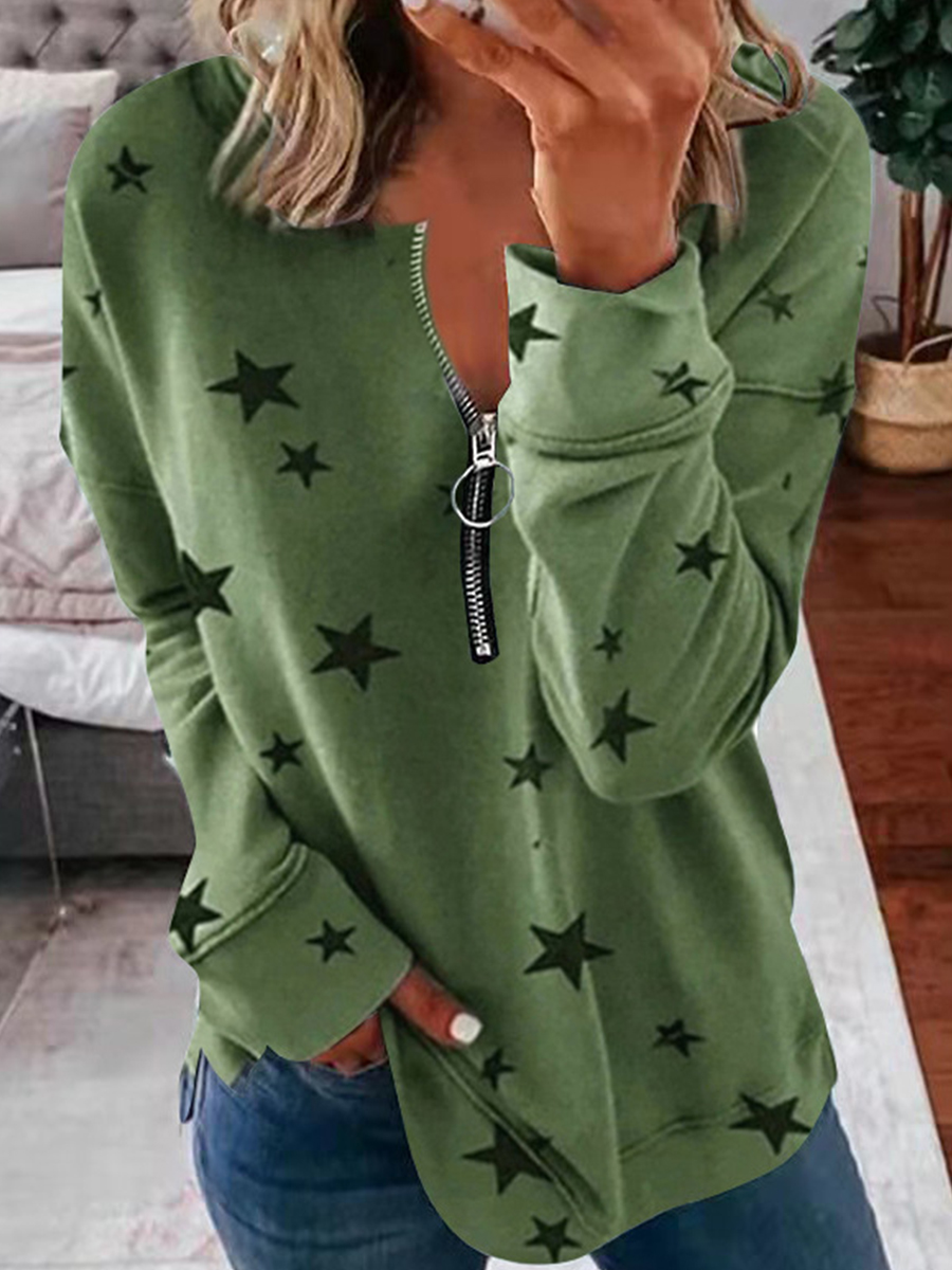 Star Print Long Sleeve Zipper T Shirt