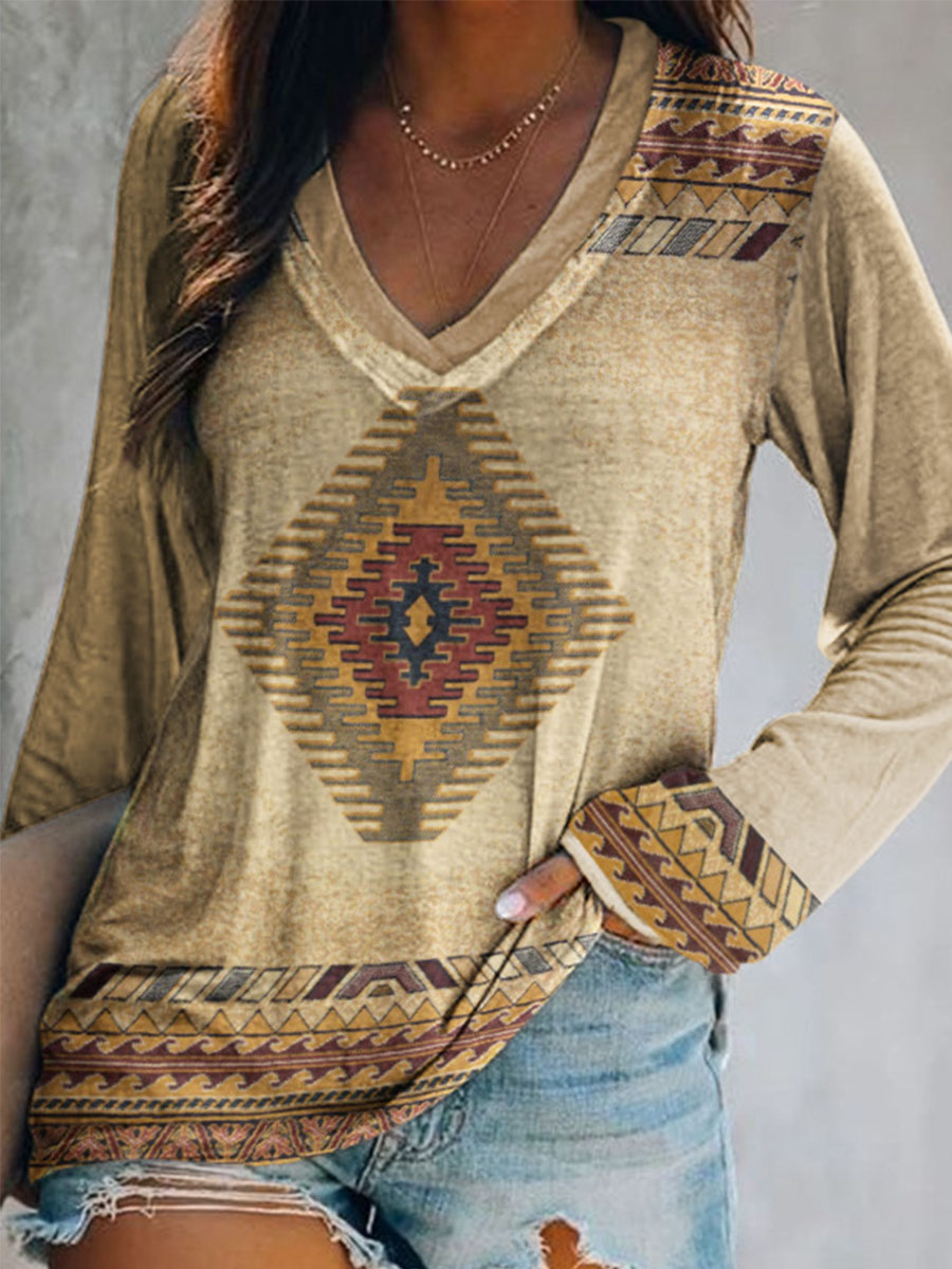 V Neck Ethnic Geometric Print Long Sleeved T Shirt