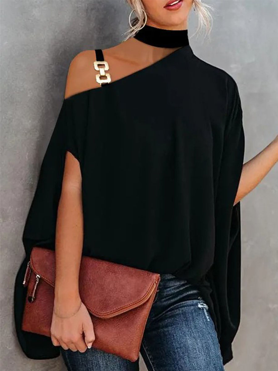 Plain Short Sleeve Metal Button Halter Plus Size Casual Tops