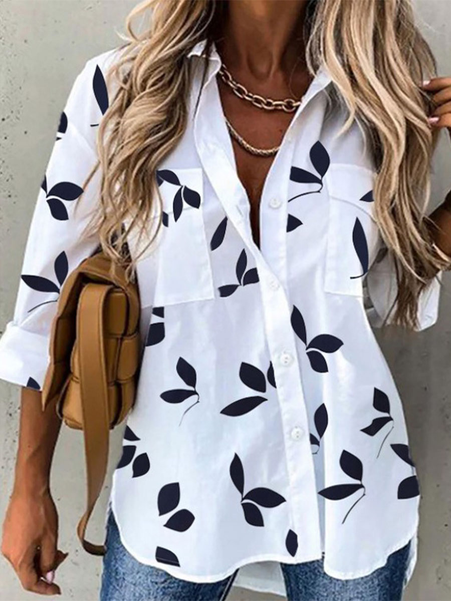 Leaf Print Loose Casual Long Sleeve Blouse