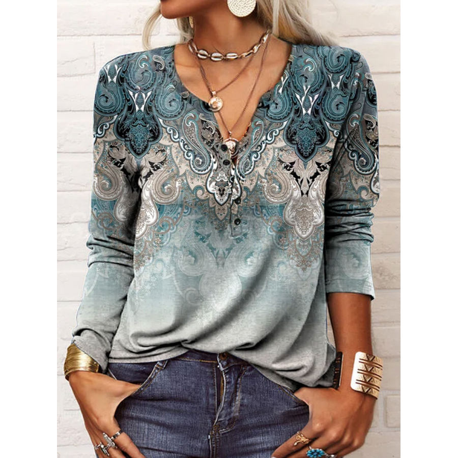 

Round Neck Casual Loose Vintage Print Long Sleeve T-shirt