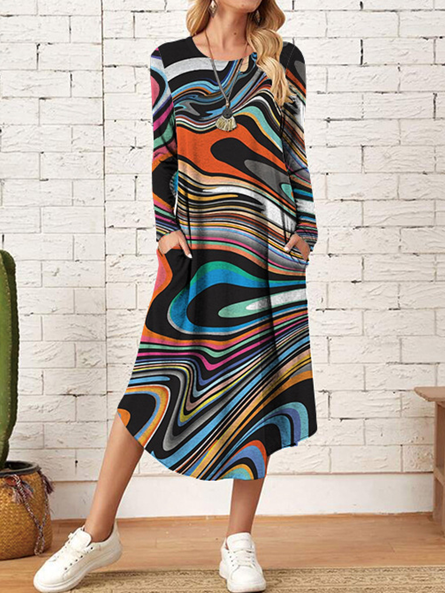 Casual Vintage Print Crew Neck Long Sleeve Midi Dress