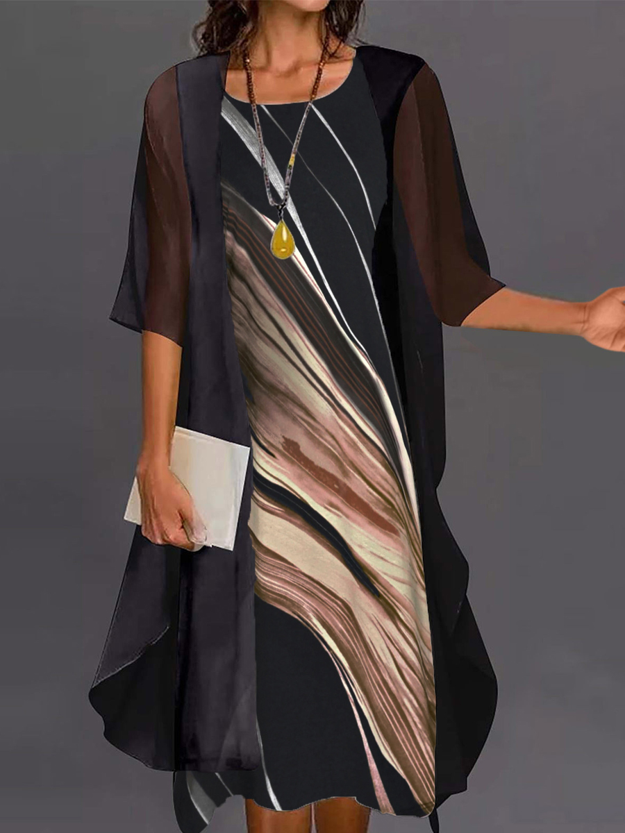Casual Vintage Print Crew Neck Half Sleeve Two Piece Midi Dress