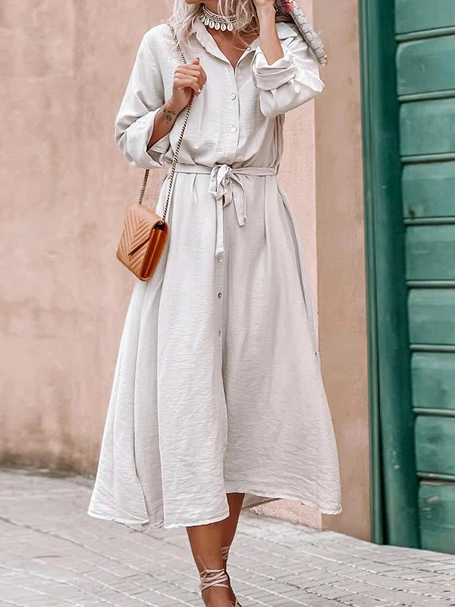Loose Casual Lapel Long Sleeve Midi Dress
