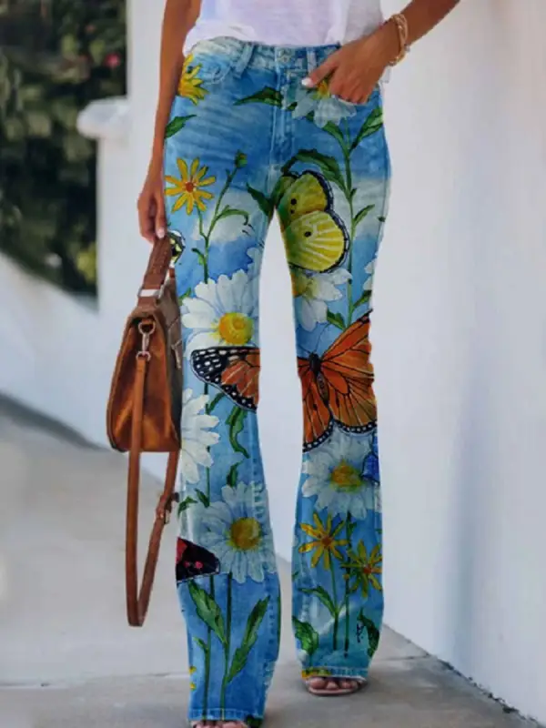 Slouchy Floral Print Flare Jeans - Realyiyi.com 