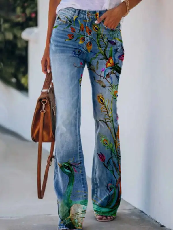 Slouchy Floral Print Flare Jeans - Ininrubyclub.com 