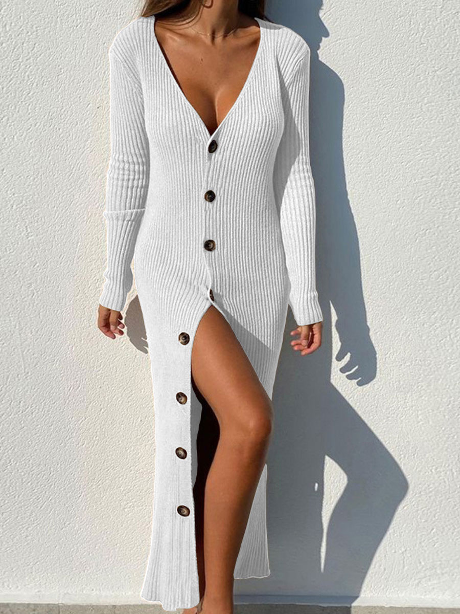 V neck Solid Single breasted Wool Knit Long Sleeve Maxi Dress
