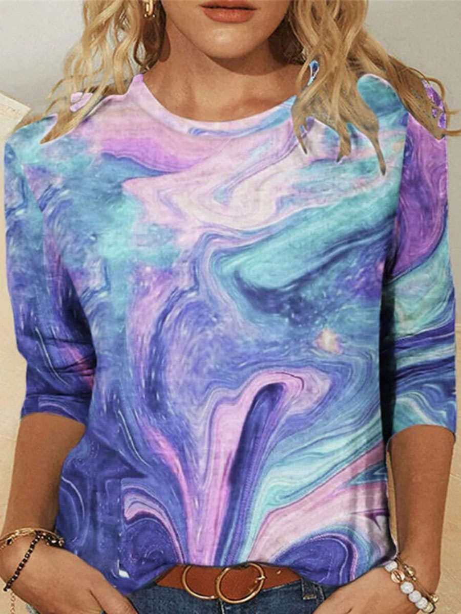 Color Block Casual Round Neckline Long Sleeve T Shirt