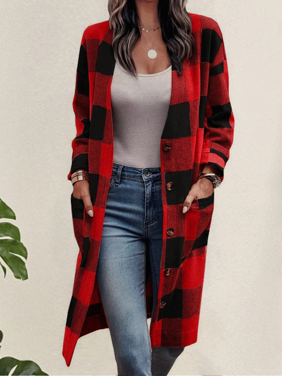 Casual Loose Check Button Pocket Wool Jacket Cardigan