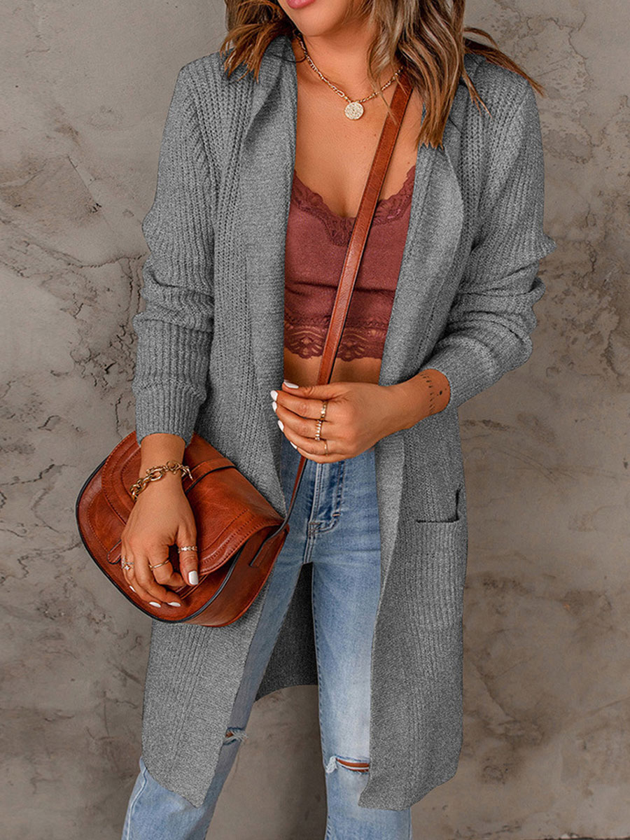Casual Loose Solid Color Hooded Knit Cardigan
