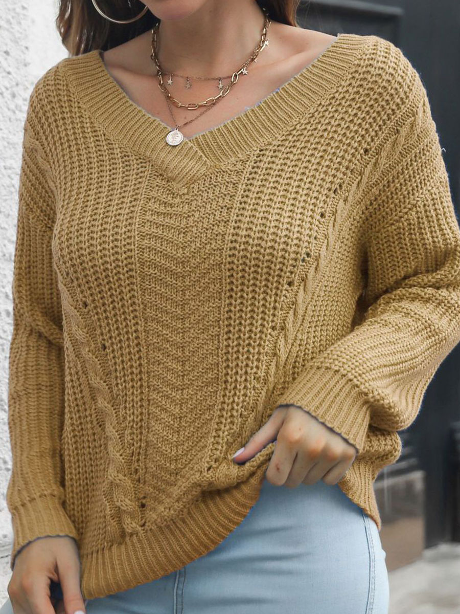 V neck Solid Color Twist Casual Knit Sweater