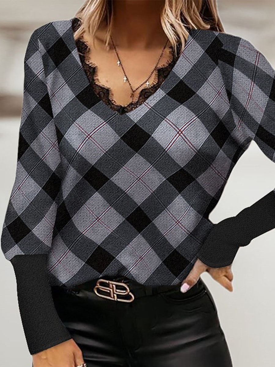 Fashion Long Sleeve V neck Lace T shirt