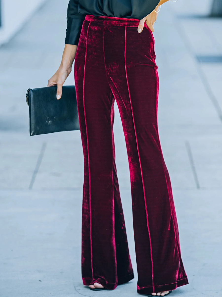Casual Solid Color Elastic Waist Slim Velvet Flared Pants
