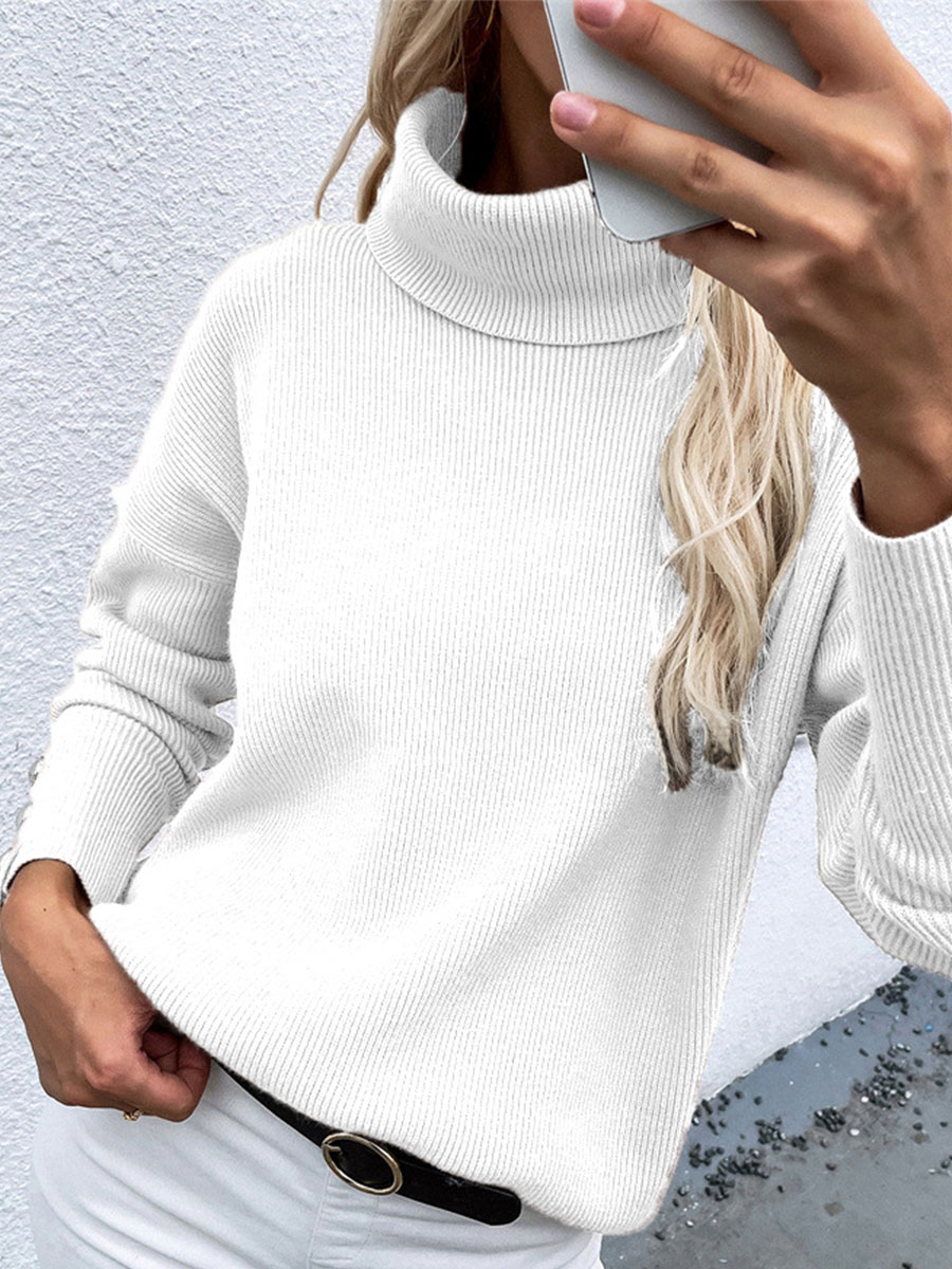 Casual Pure Color High Necked Long Sleeved Knit Sweater