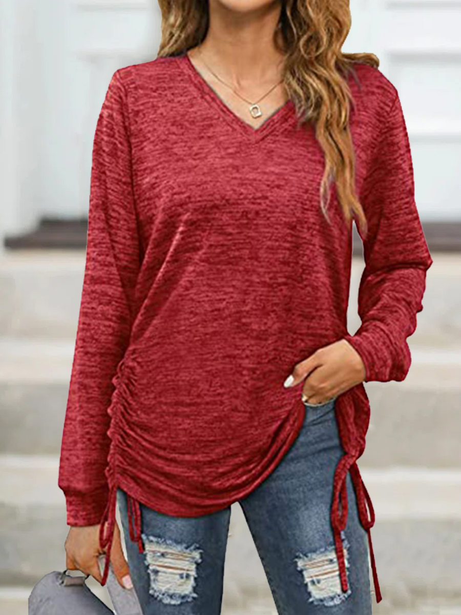 Casual Solid V Neck Tie Hem Long Sleeve T Shirt