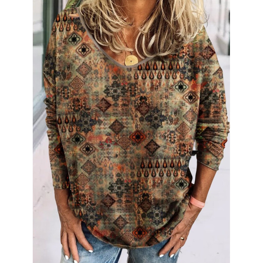 

Casual Vintage Print Loose V-Neck Long Sleeve T-Shirt